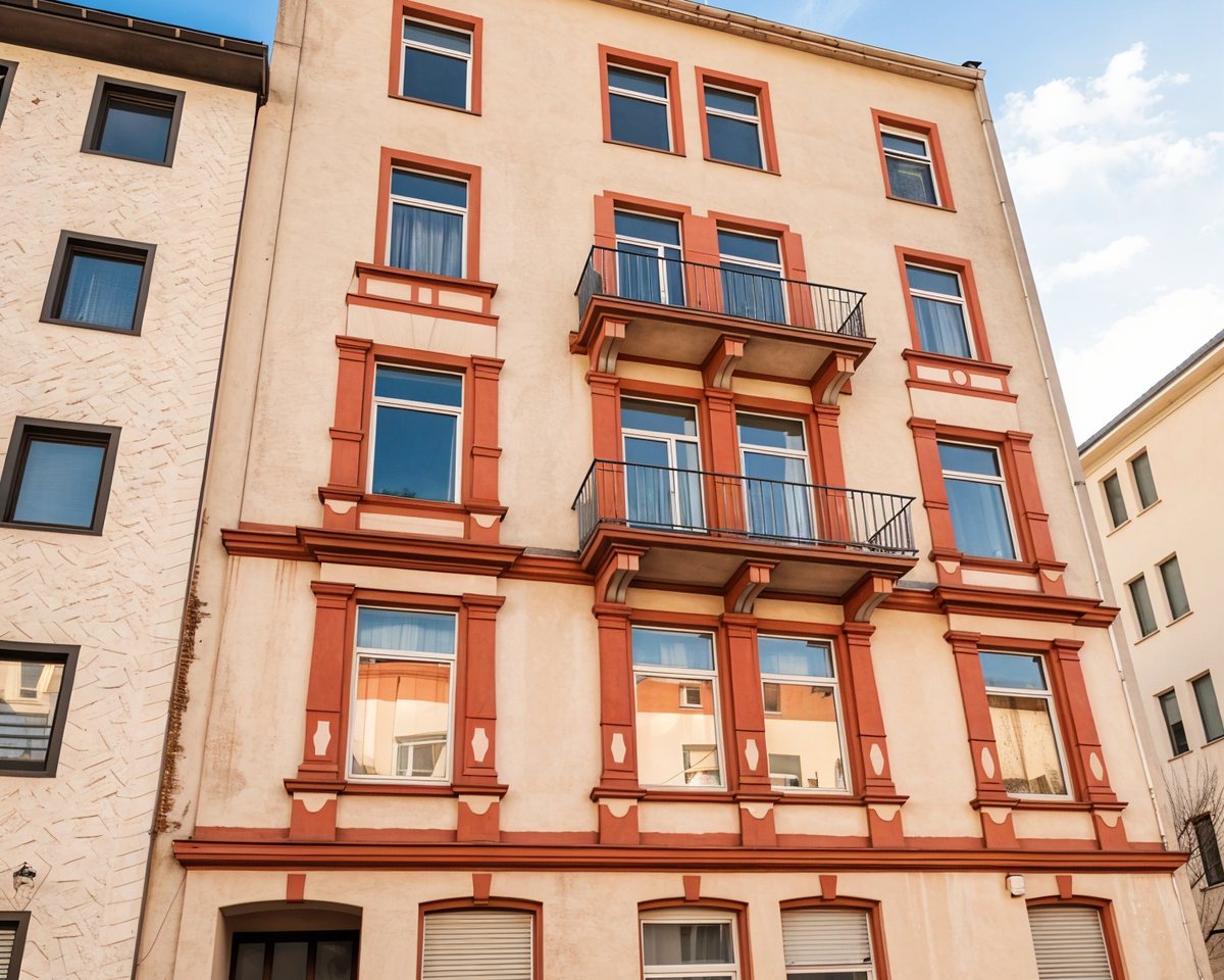 Altbau-Mehrfamilienhaus mit roten Fensterfaschen